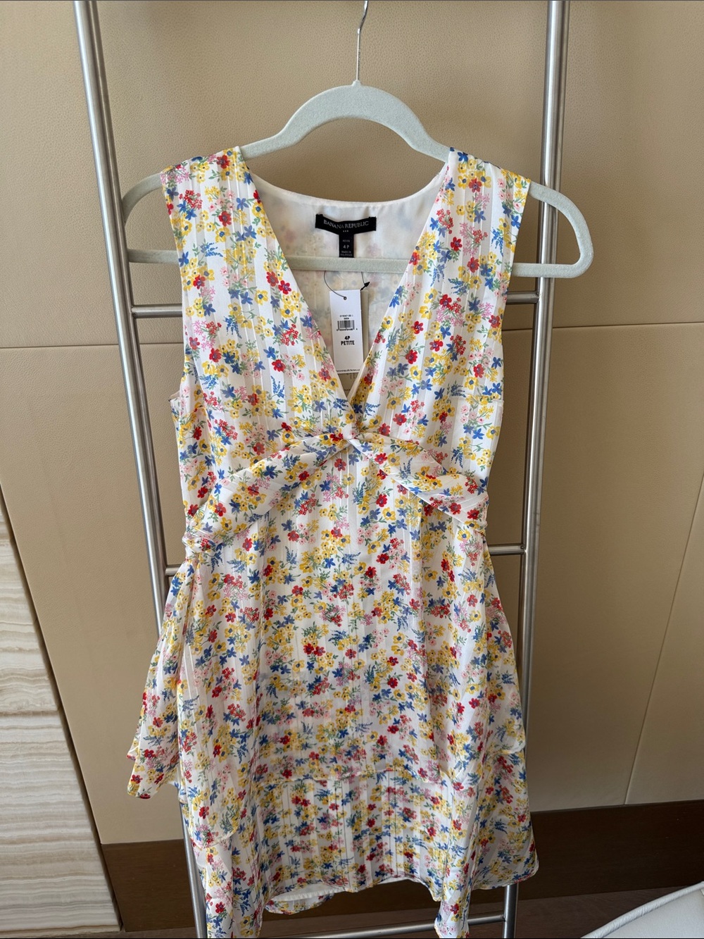 Banana Republic White Floral Twist-Front Sundress with Yellow, Blue, Red Accents